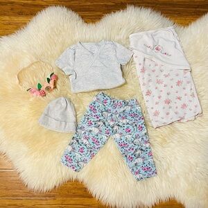 Baby Girl 0-3 Months Lot Blanket Towel Onsie Beanie Pants Floral Headband